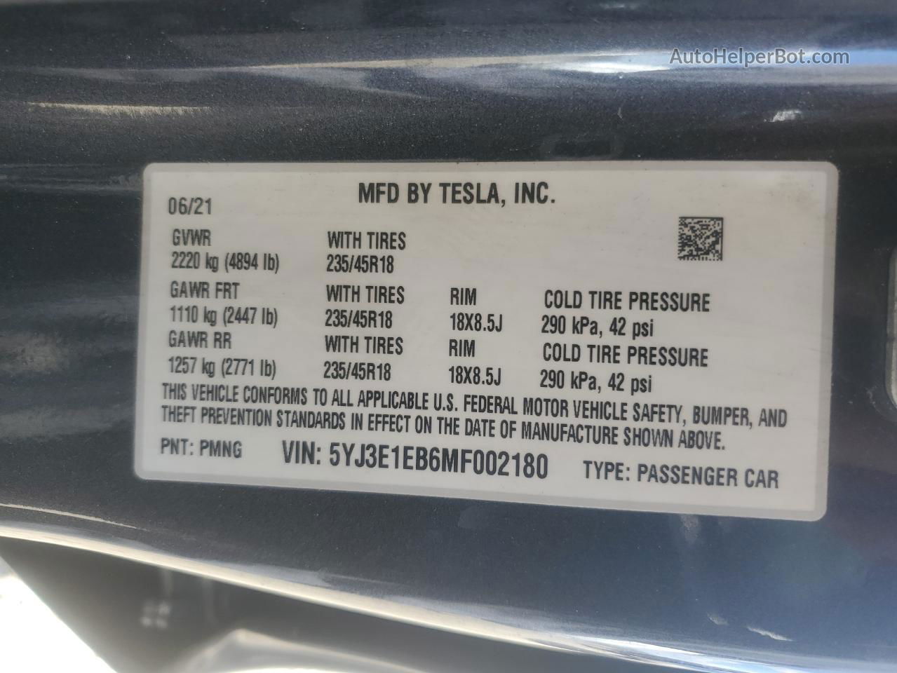 2021 Tesla Model 3  Charcoal vin: 5YJ3E1EB6MF002180