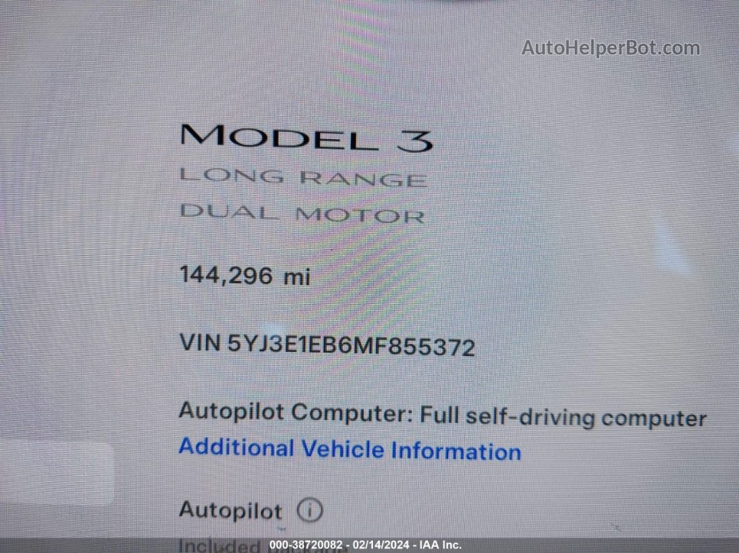 2021 Tesla Model 3 Long Range Dual Motor All-wheel Drive White vin: 5YJ3E1EB6MF855372