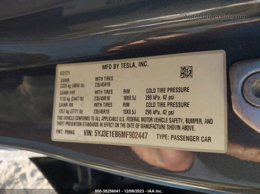 2021 Tesla Model 3 Long Range Dual Motor All-wheel Drive Blue vin: 5YJ3E1EB6MF902447