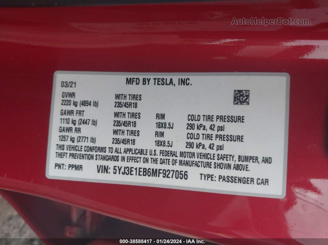 2021 Tesla Model 3 Long Range Dual Motor All-wheel Drive Красный vin: 5YJ3E1EB6MF927056