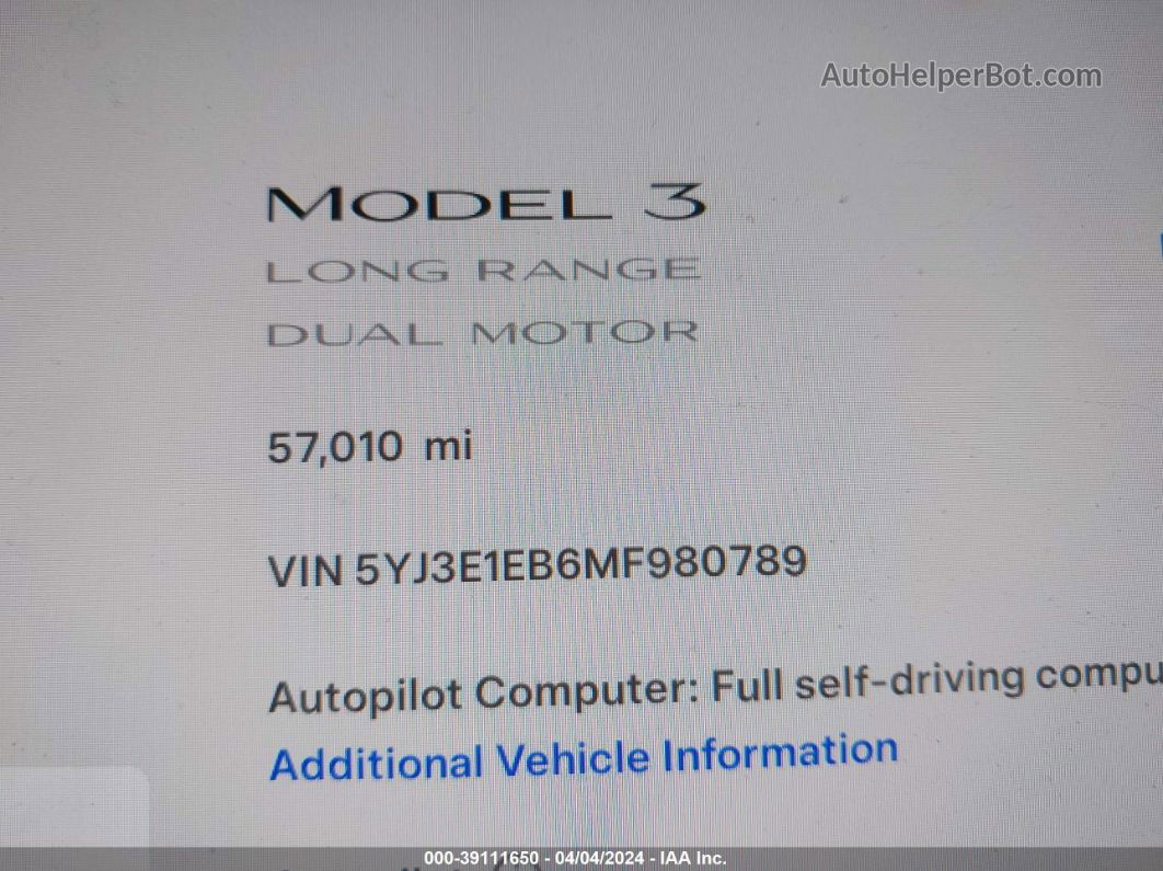 2021 Tesla Model 3 Long Range Dual Motor All-wheel Drive Белый vin: 5YJ3E1EB6MF980789