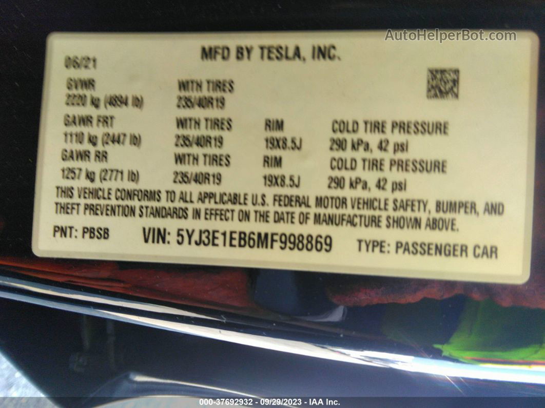 2021 Tesla Model 3 Long Range Черный vin: 5YJ3E1EB6MF998869