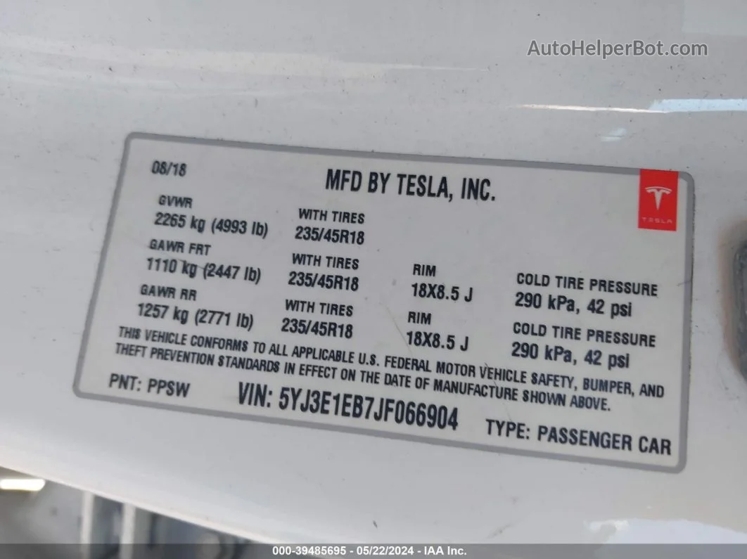 2018 Tesla Model 3 Long Range/performance White vin: 5YJ3E1EB7JF066904