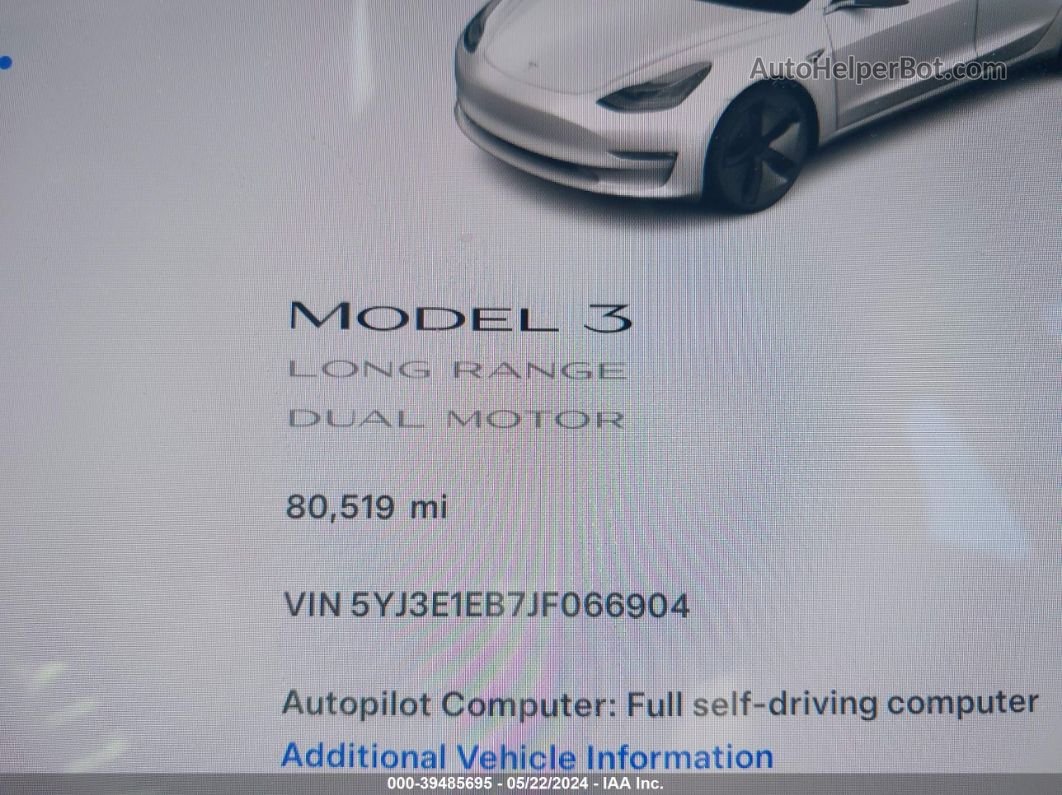 2018 Tesla Model 3 Long Range/performance White vin: 5YJ3E1EB7JF066904