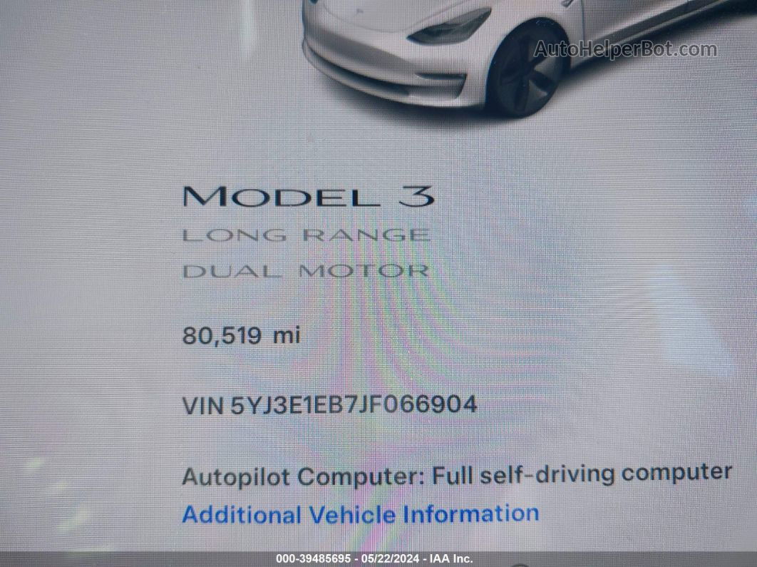 2018 Tesla Model 3 Long Range/performance Белый vin: 5YJ3E1EB7JF066904