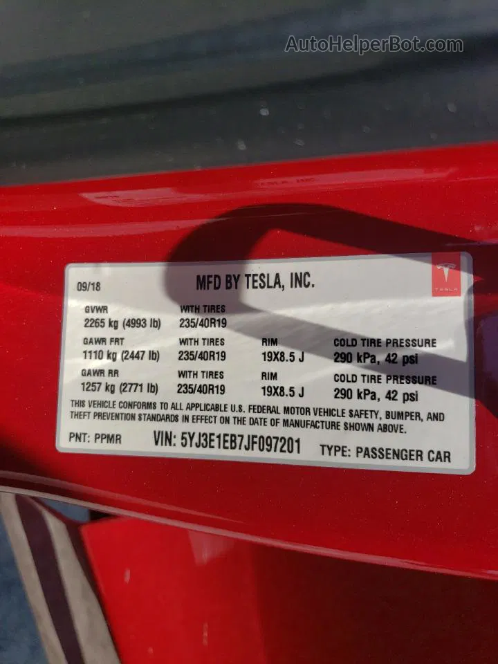 2018 Tesla Model 3  Red vin: 5YJ3E1EB7JF097201