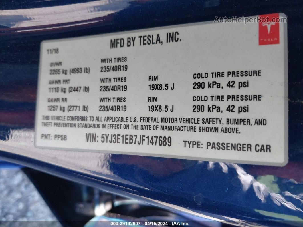 2018 Tesla Model 3 Long Range/performance Blue vin: 5YJ3E1EB7JF147689