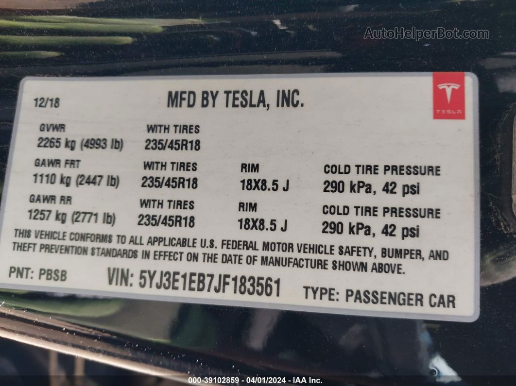 2018 Tesla Model 3 Long Range/performance Black vin: 5YJ3E1EB7JF183561