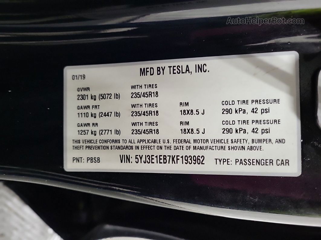 2019 Tesla Model 3   Белый vin: 5YJ3E1EB7KF193962