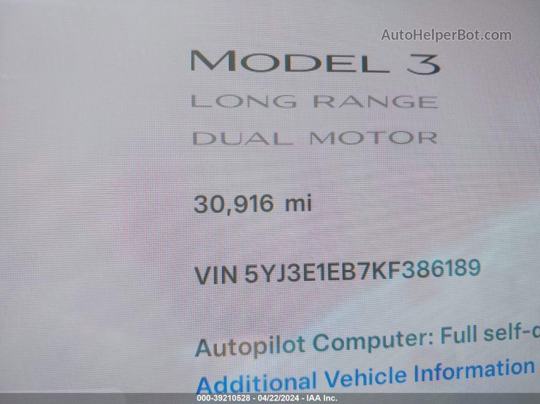 2019 Tesla Model 3 Long Range/performance Gray vin: 5YJ3E1EB7KF386189