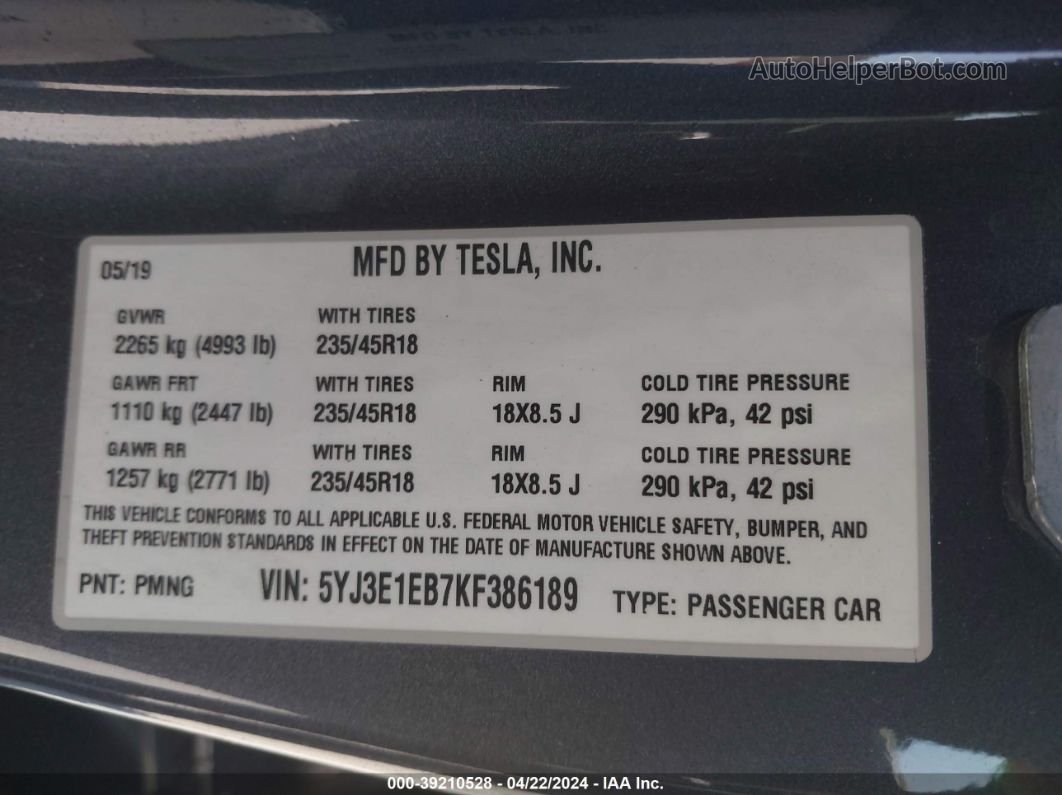 2019 Tesla Model 3 Long Range/performance Gray vin: 5YJ3E1EB7KF386189