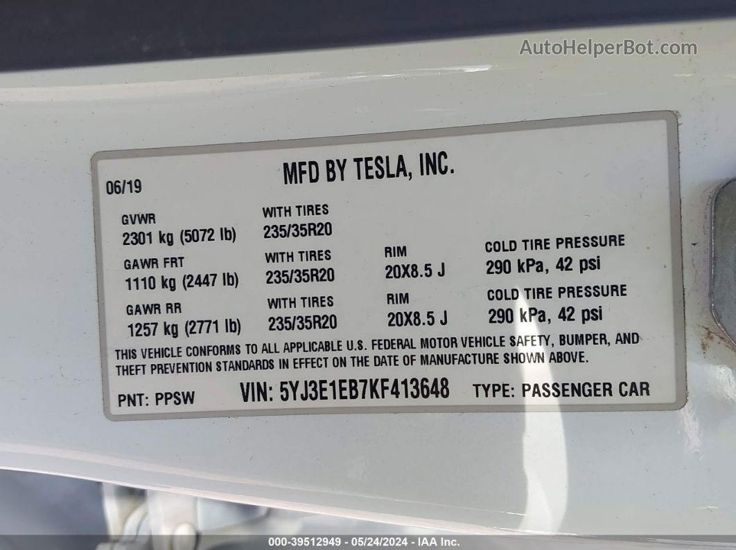 2019 Tesla Model 3 Long Range/performance White vin: 5YJ3E1EB7KF413648