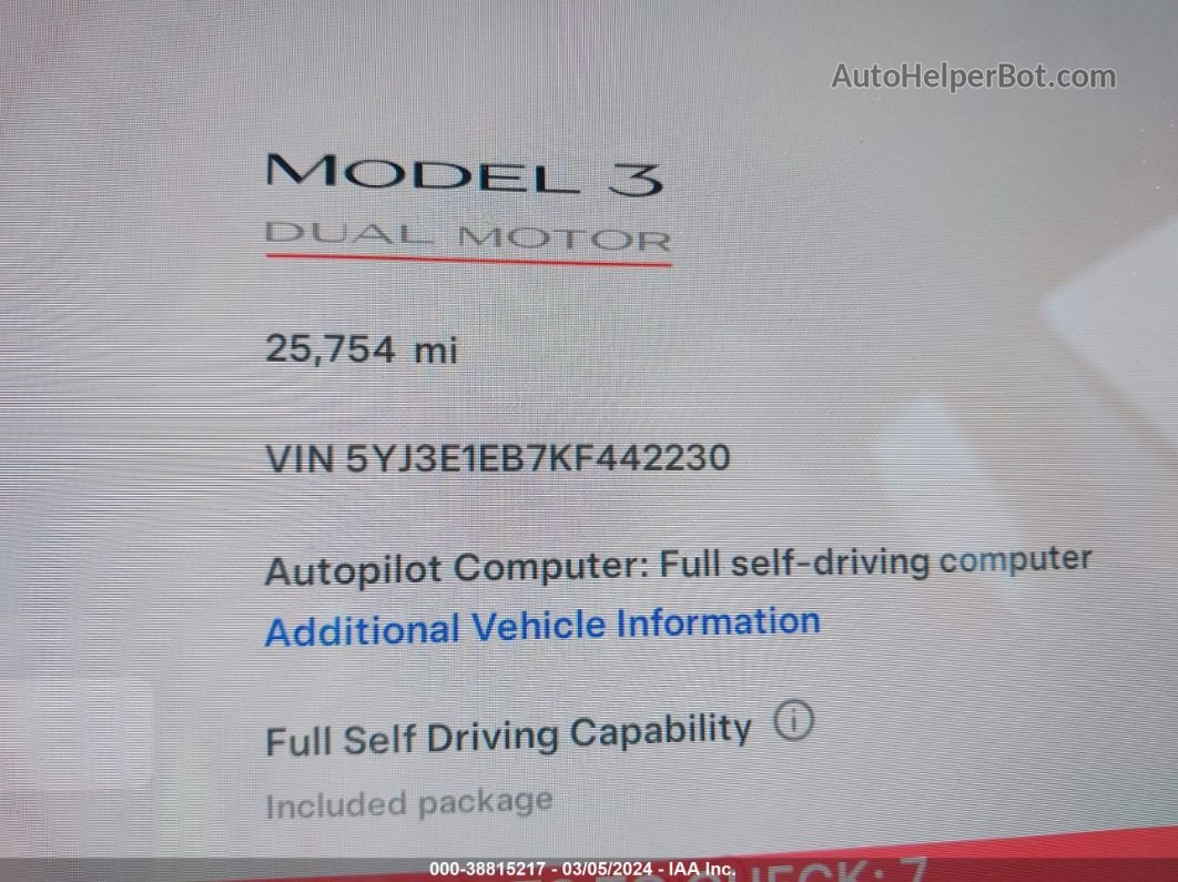 2019 Tesla Model 3 Long Range/performance White vin: 5YJ3E1EB7KF442230