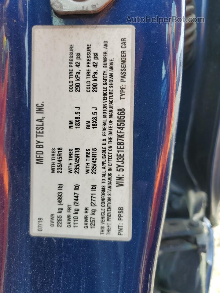 2019 Tesla Model 3  Синий vin: 5YJ3E1EB7KF450568