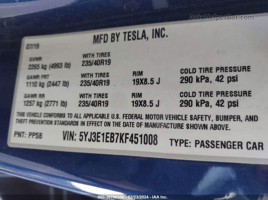 2019 Tesla Model 3 Long Range/performance Blue vin: 5YJ3E1EB7KF451008