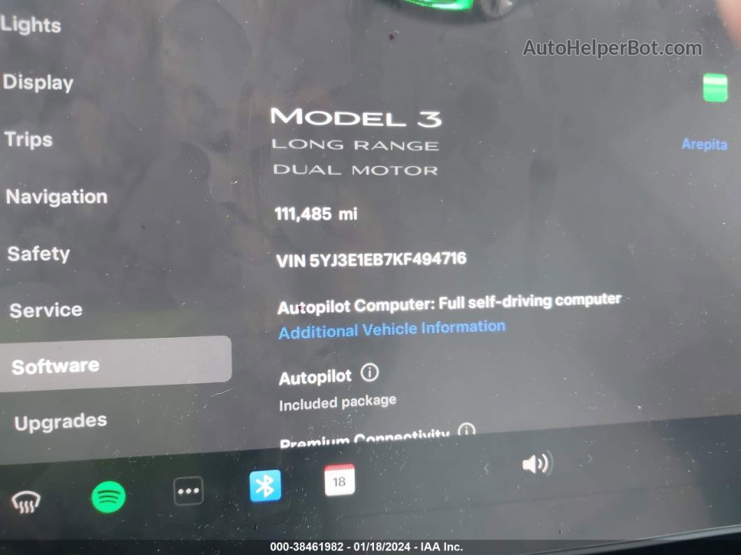 2019 Tesla Model 3 Long Range/performance White vin: 5YJ3E1EB7KF494716