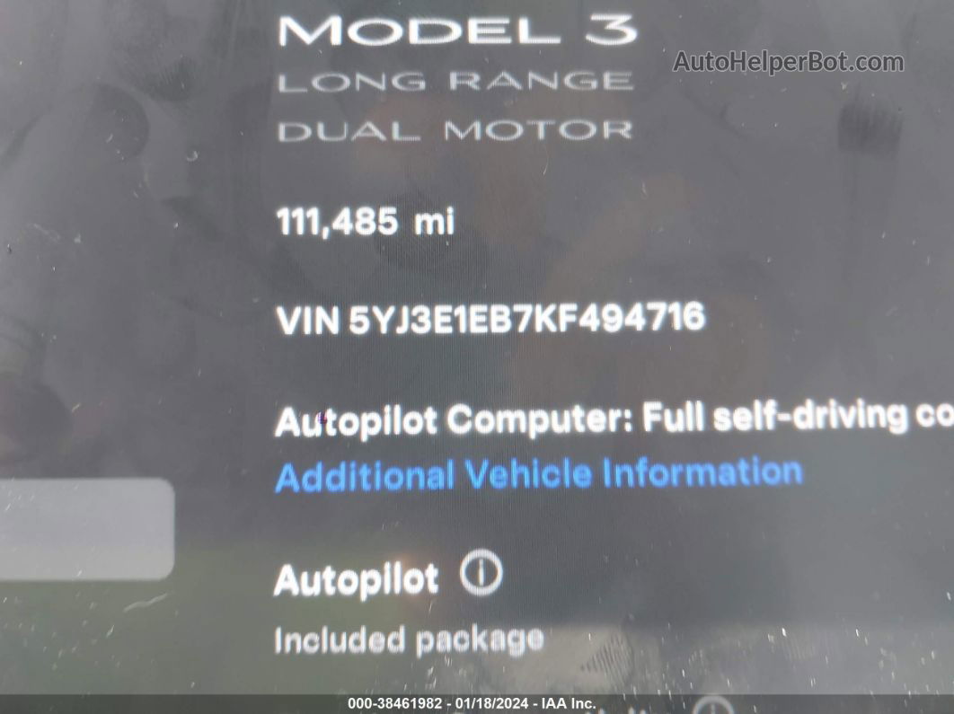 2019 Tesla Model 3 Long Range/performance Белый vin: 5YJ3E1EB7KF494716