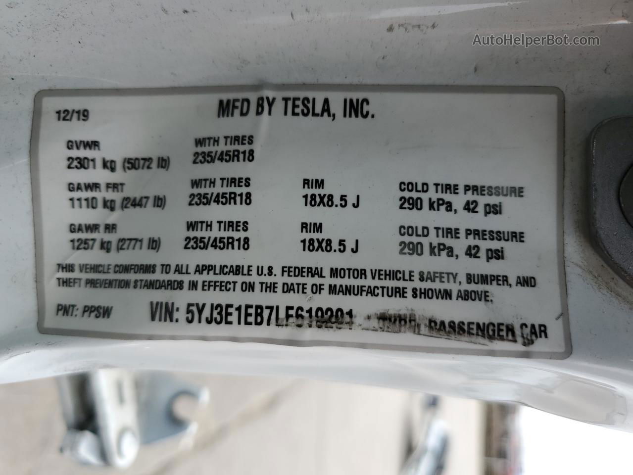 2020 Tesla Model 3  White vin: 5YJ3E1EB7LF619201