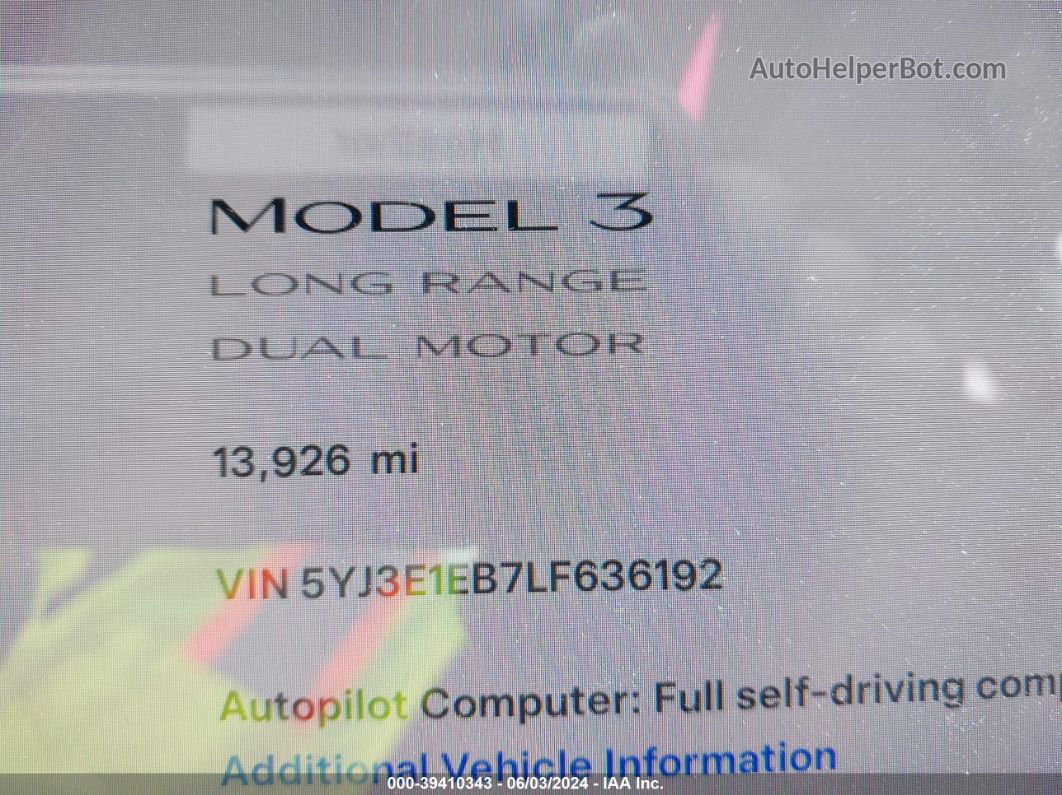 2020 Tesla Model 3 Long Range Dual Motor All-wheel Drive Blue vin: 5YJ3E1EB7LF636192