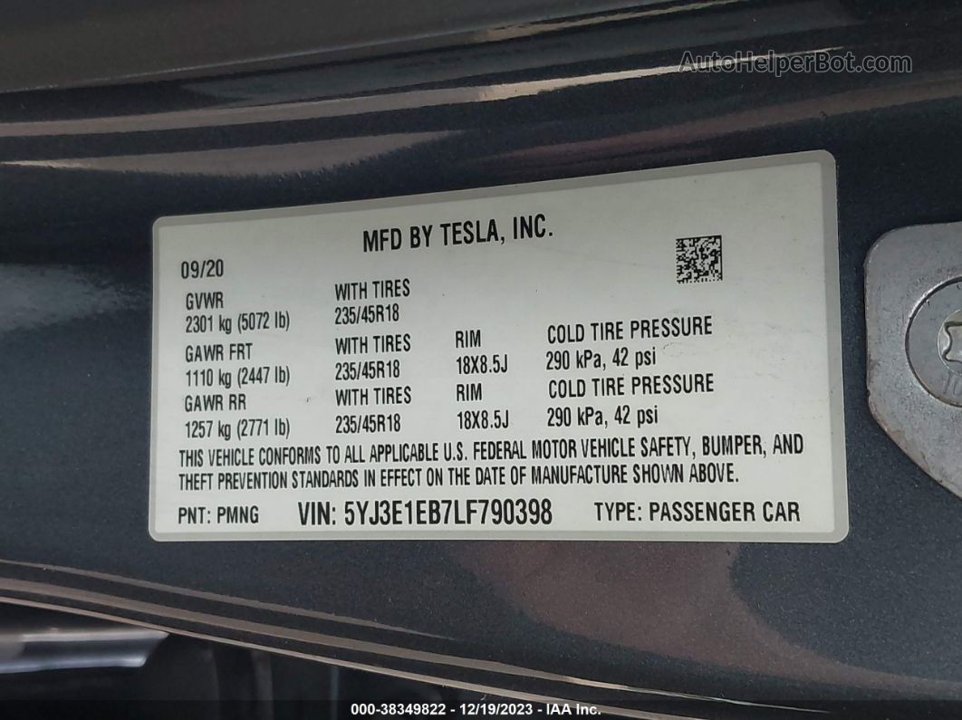 2020 Tesla Model 3 Long Range Dual Motor All-wheel Drive Gray vin: 5YJ3E1EB7LF790398