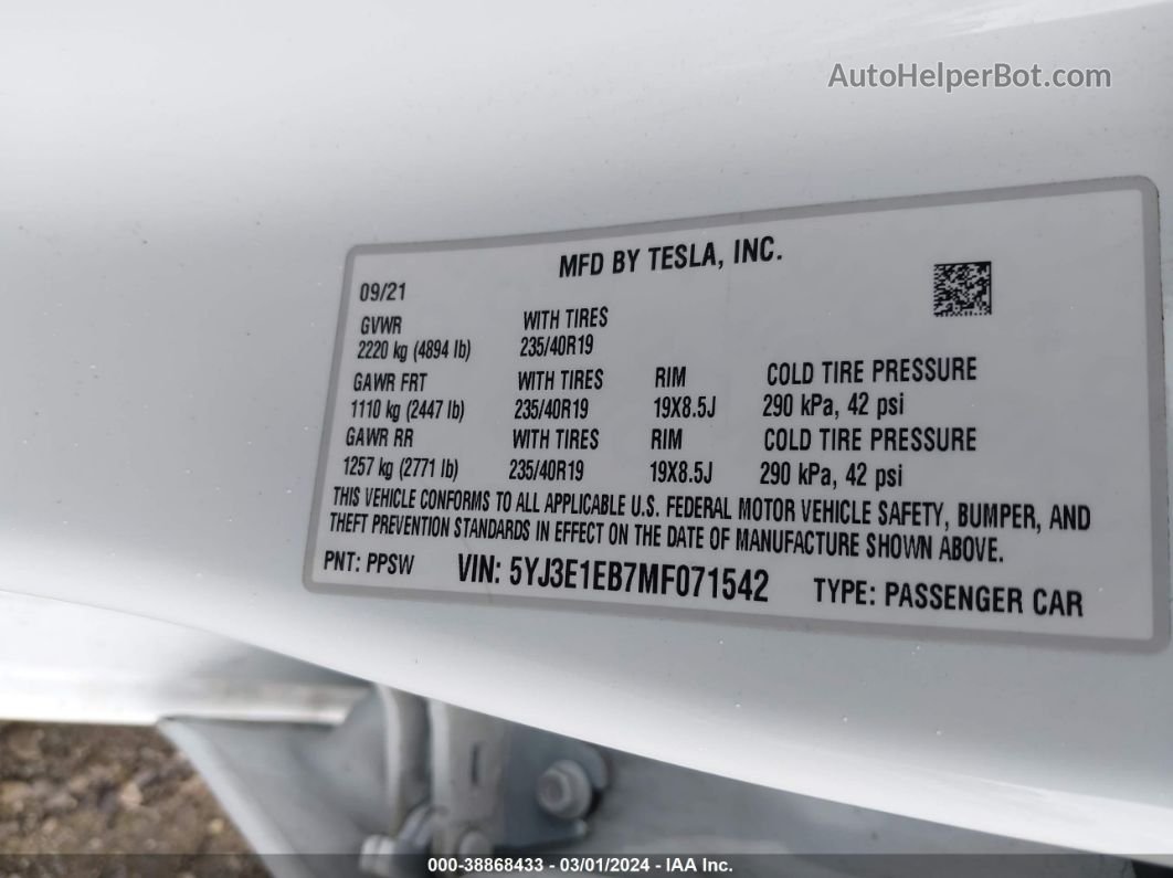 2021 Tesla Model 3 Long Range Dual Motor All-wheel Drive White vin: 5YJ3E1EB7MF071542