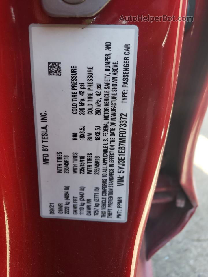 2021 Tesla Model 3  Red vin: 5YJ3E1EB7MF073372