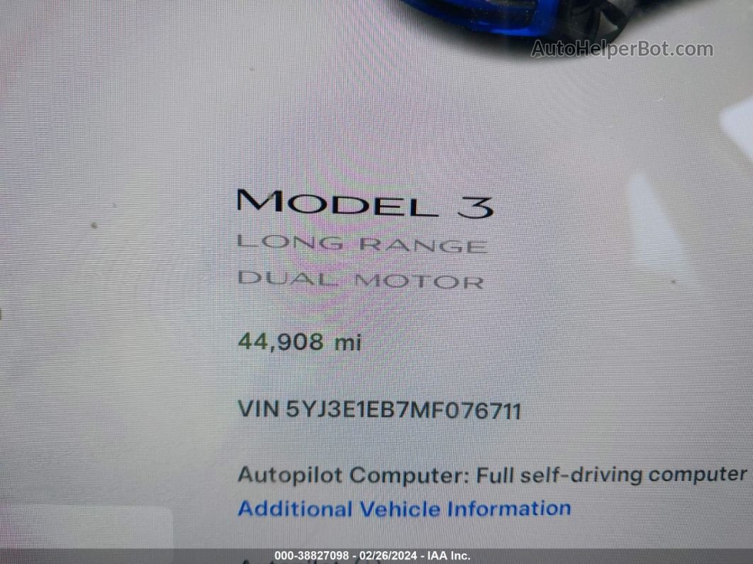 2021 Tesla Model 3 Long Range Dual Motor All-wheel Drive Blue vin: 5YJ3E1EB7MF076711