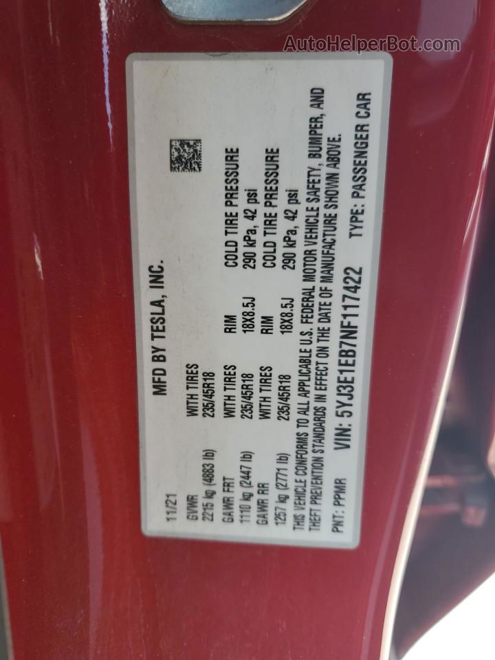 2022 Tesla Model 3  Red vin: 5YJ3E1EB7NF117422