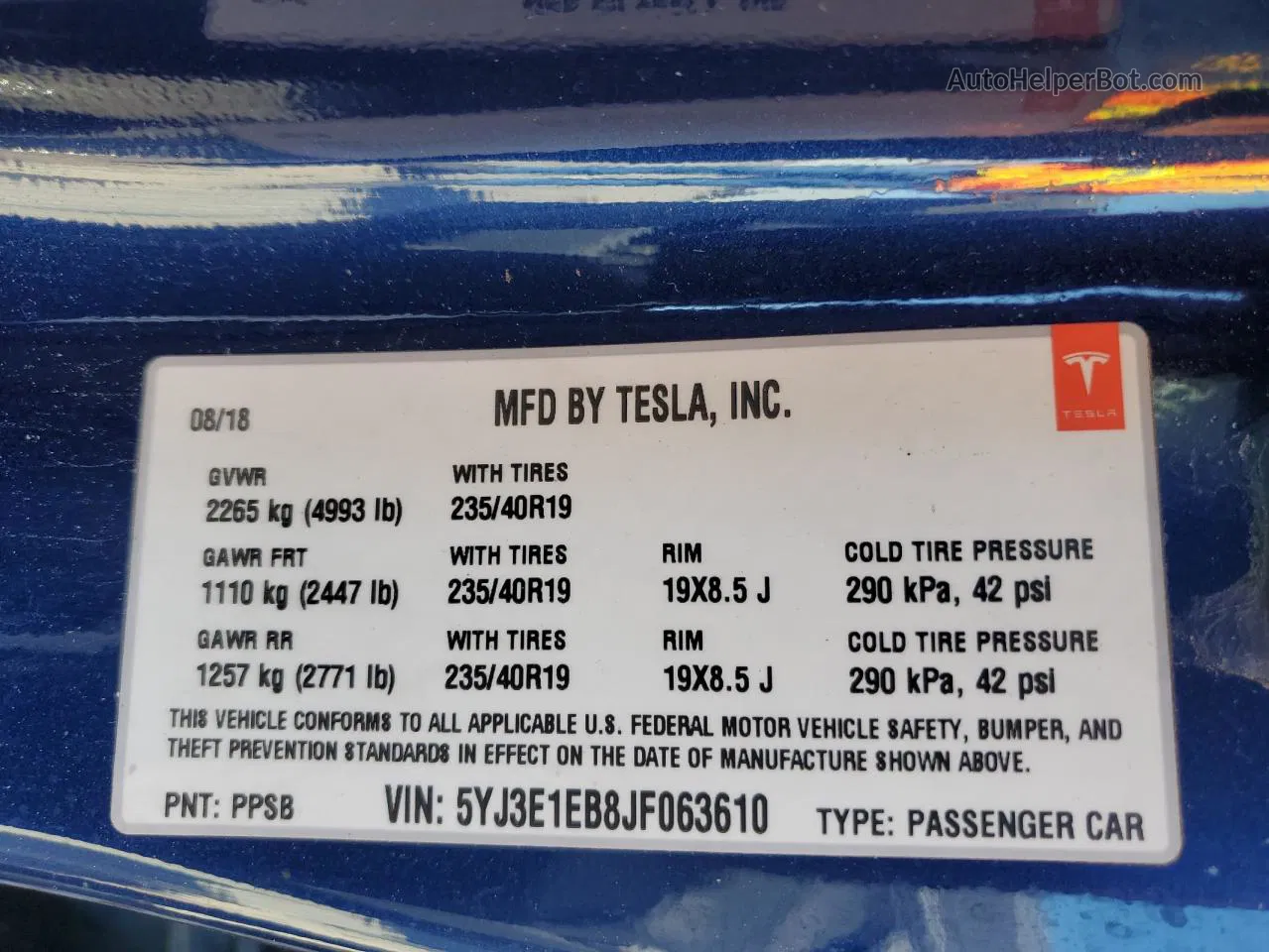 2018 Tesla Model 3  Blue vin: 5YJ3E1EB8JF063610