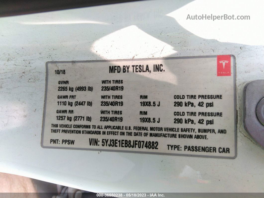 2018 Tesla Model 3 Long Range Белый vin: 5YJ3E1EB8JF074882