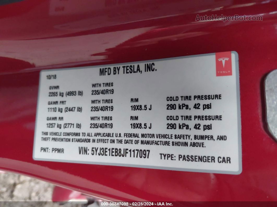 2018 Tesla Model 3 Long Range/performance Red vin: 5YJ3E1EB8JF117097