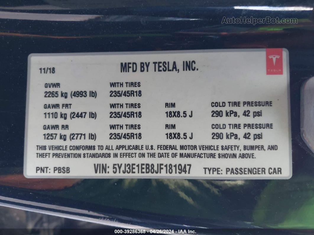 2018 Tesla Model 3 Long Range/performance White vin: 5YJ3E1EB8JF181947