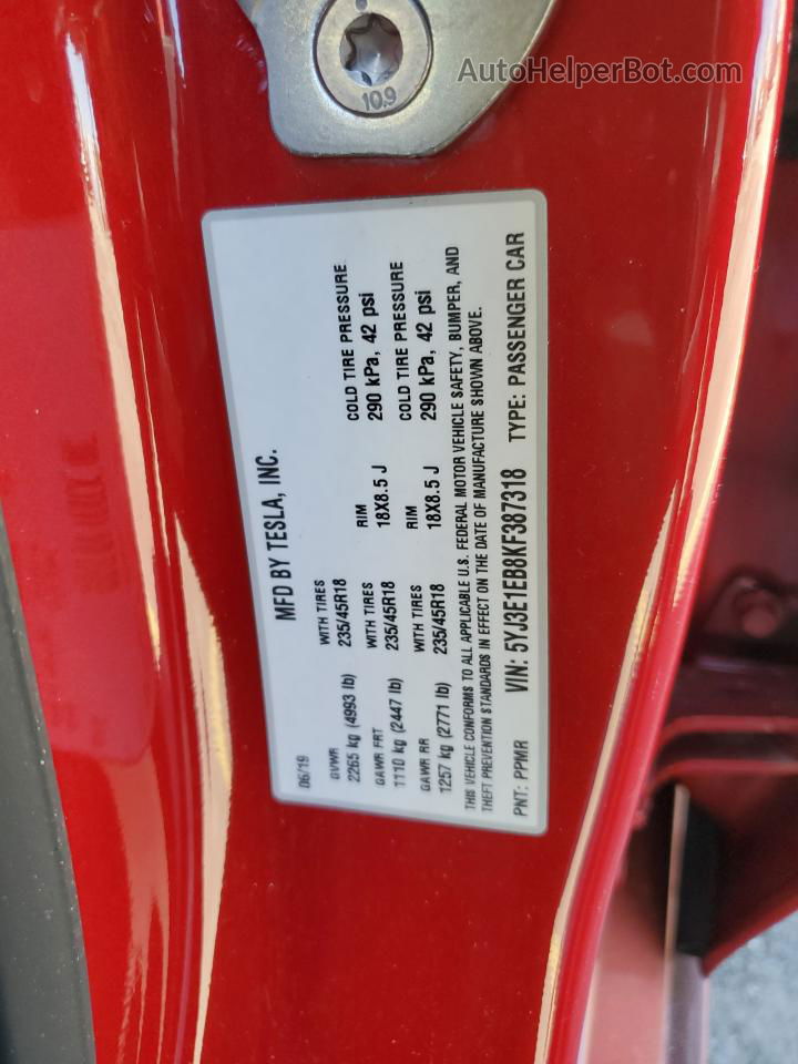 2019 Tesla Model 3  Red vin: 5YJ3E1EB8KF387318