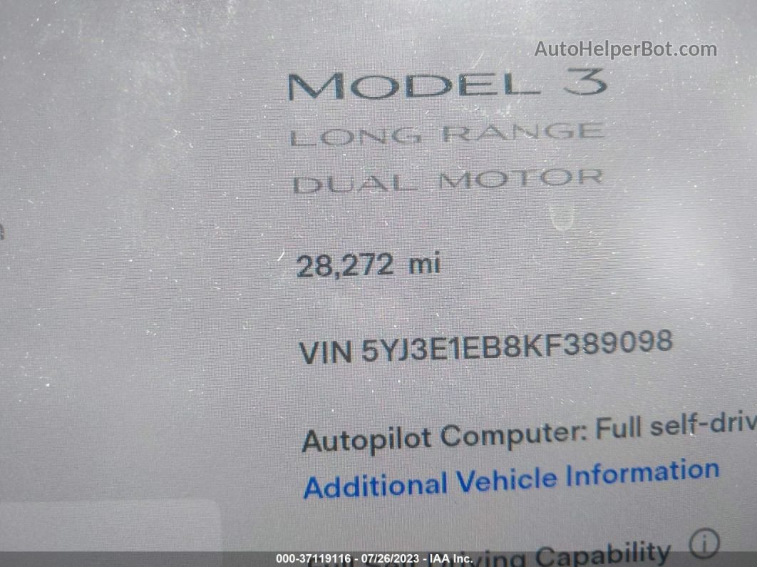 2019 Tesla Model 3 Long Range/performance Gray vin: 5YJ3E1EB8KF389098