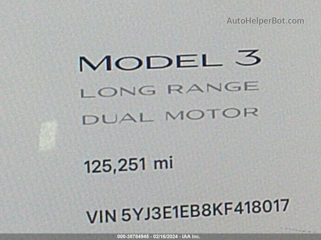 2019 Tesla Model 3 Long Range/performance Black vin: 5YJ3E1EB8KF418017