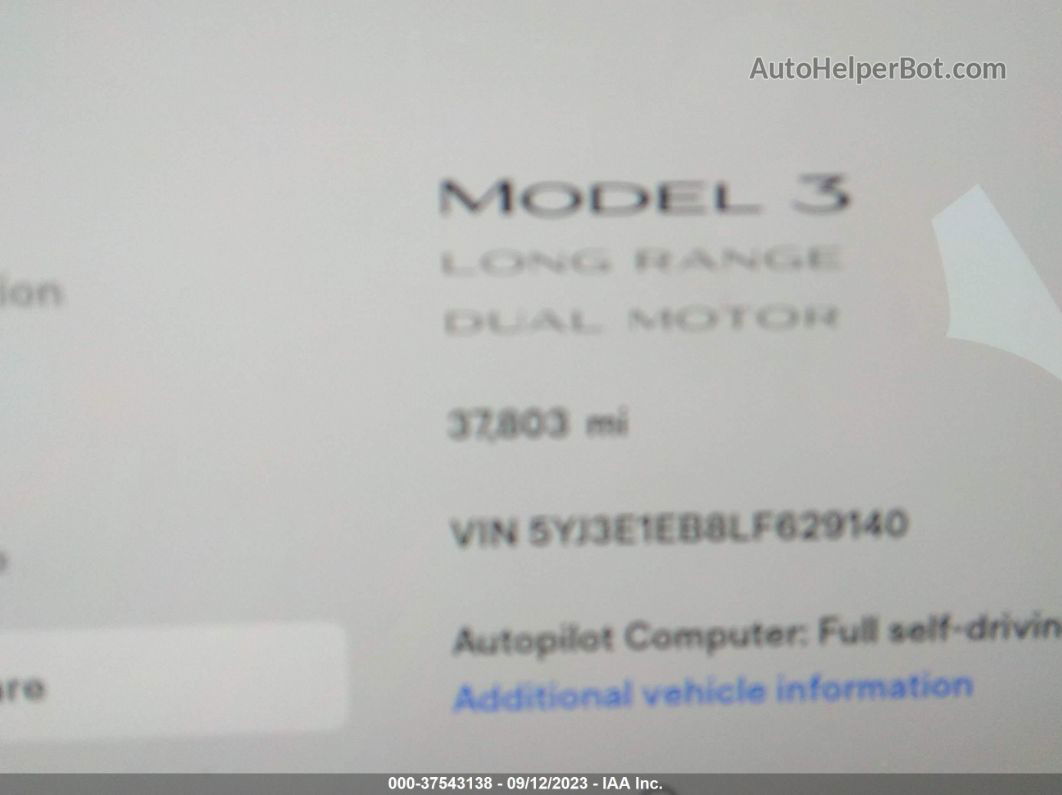 2020 Tesla Model 3 Long Range Dual Motor All-wheel Drive White vin: 5YJ3E1EB8LF629140