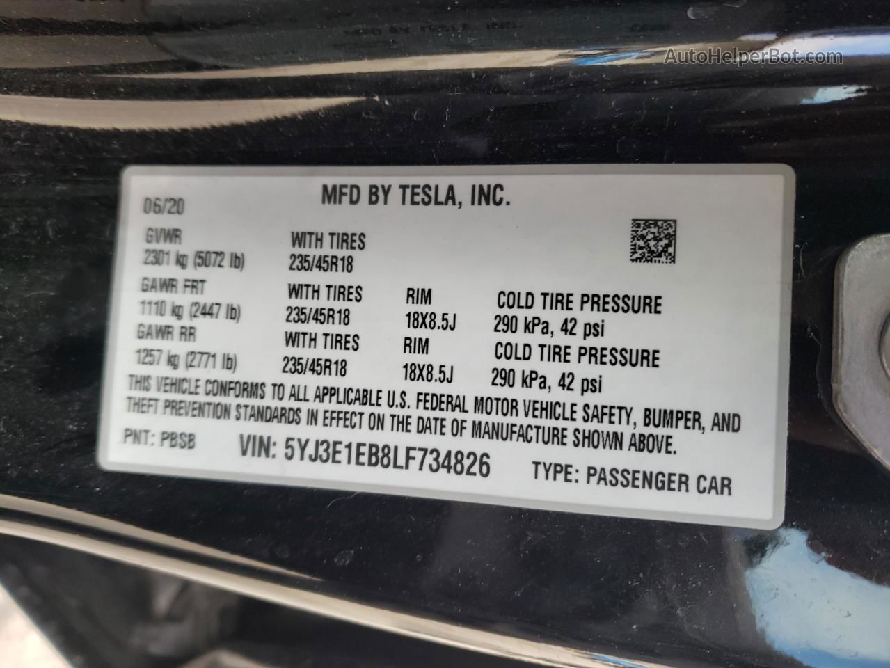 2020 Tesla Model 3  Black vin: 5YJ3E1EB8LF734826