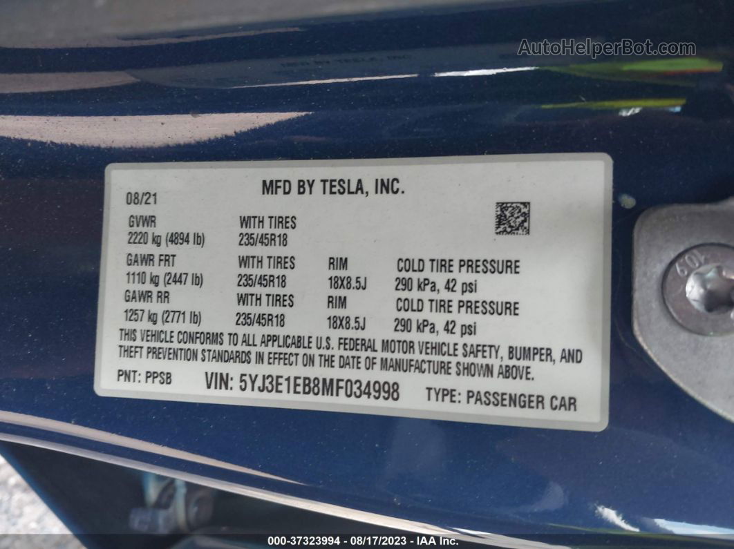 2021 Tesla Model 3 Long Range Blue vin: 5YJ3E1EB8MF034998