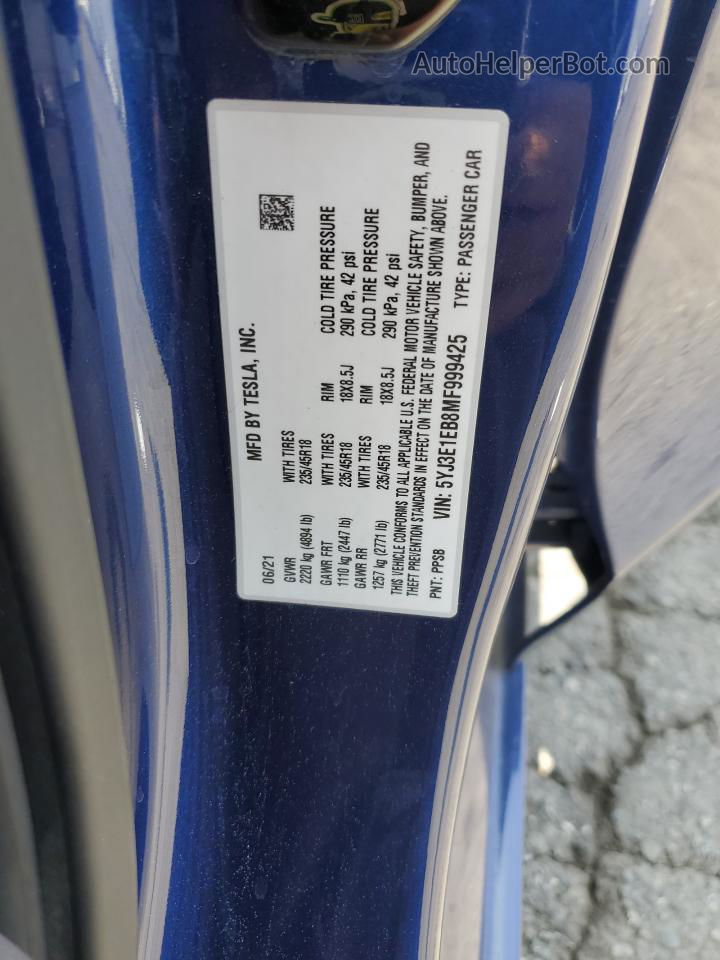 2021 Tesla Model 3  Blue vin: 5YJ3E1EB8MF999425