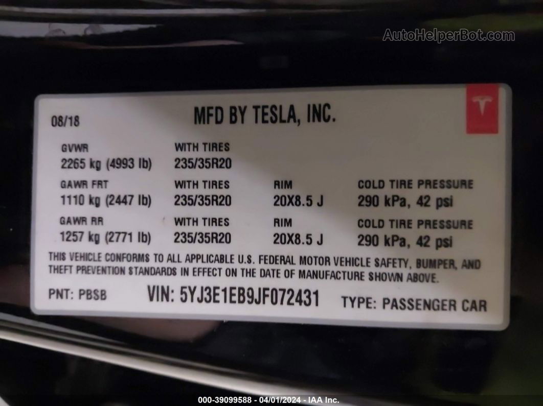 2018 Tesla Model 3 Long Range/performance Black vin: 5YJ3E1EB9JF072431