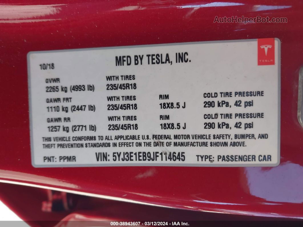 2018 Tesla Model 3 Long Range/performance Red vin: 5YJ3E1EB9JF114645