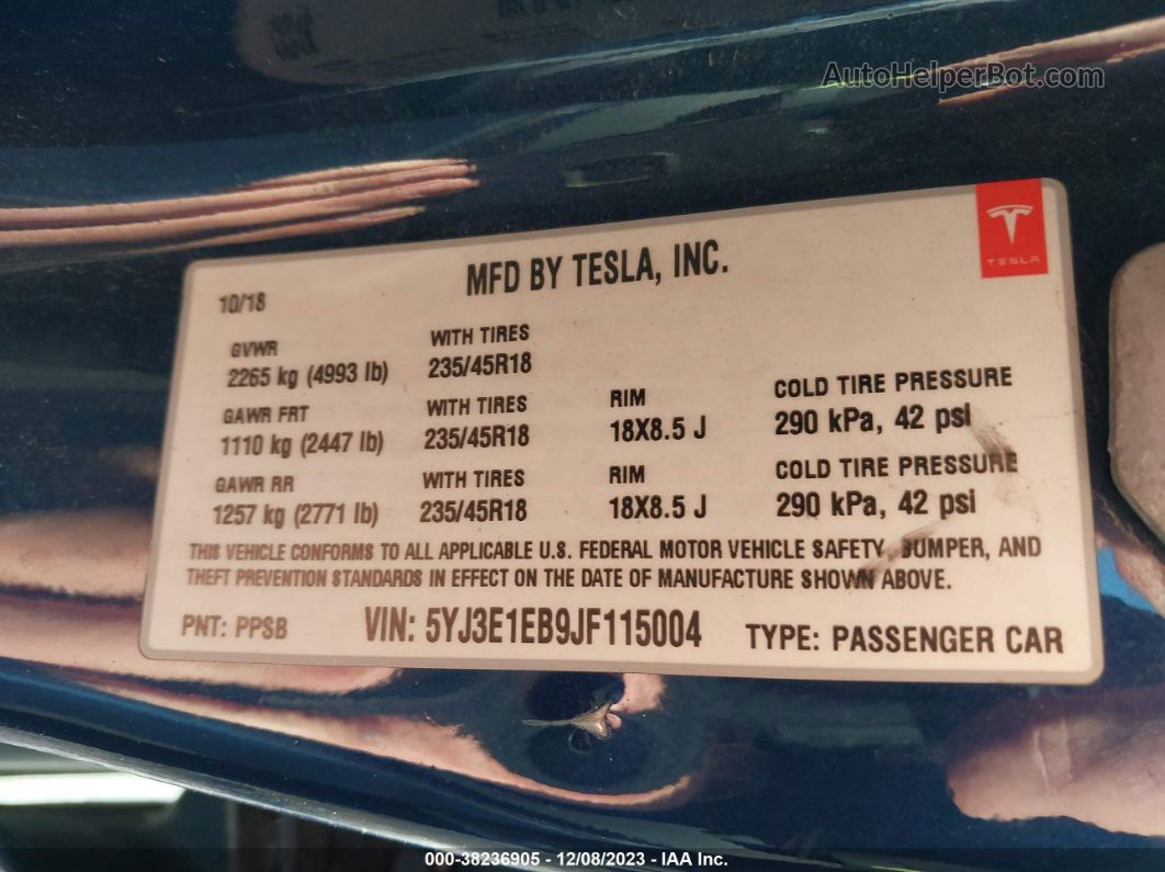 2018 Tesla Model 3 Long Range/performance Blue vin: 5YJ3E1EB9JF115004