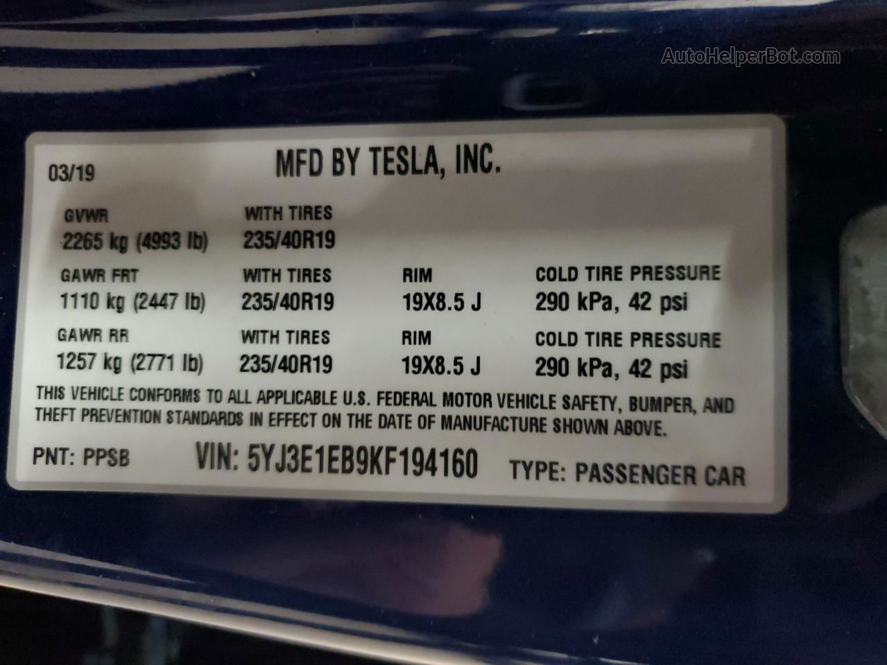 2019 Tesla Model 3  Blue vin: 5YJ3E1EB9KF194160