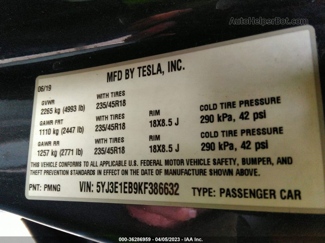 2019 Tesla Model 3 Long Range/performance Gray vin: 5YJ3E1EB9KF386632