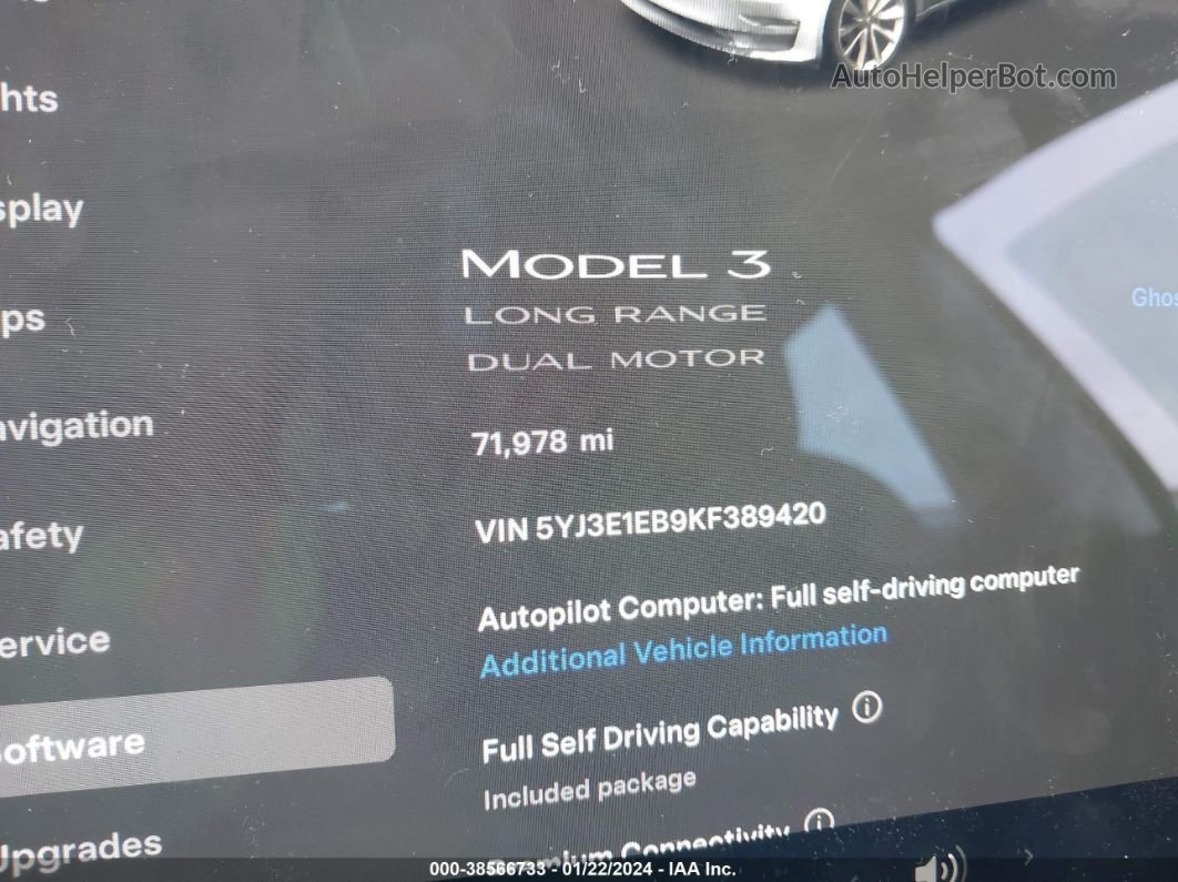 2019 Tesla Model 3 Long Range/performance Gray vin: 5YJ3E1EB9KF389420