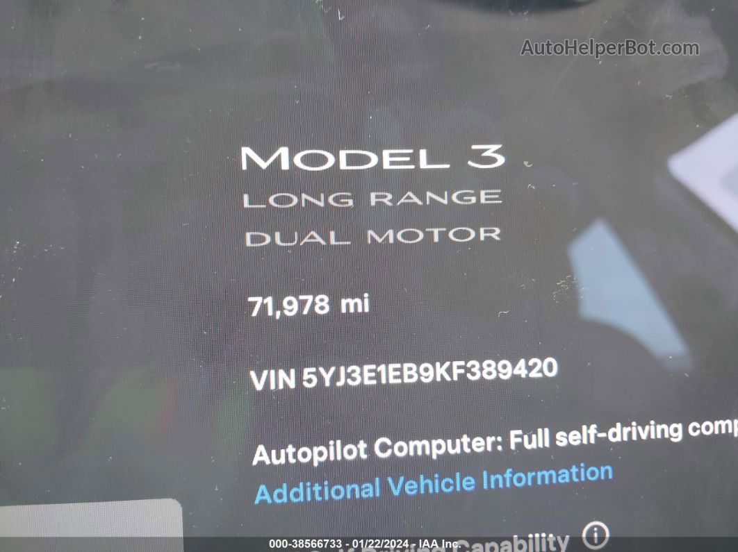 2019 Tesla Model 3 Long Range/performance Gray vin: 5YJ3E1EB9KF389420