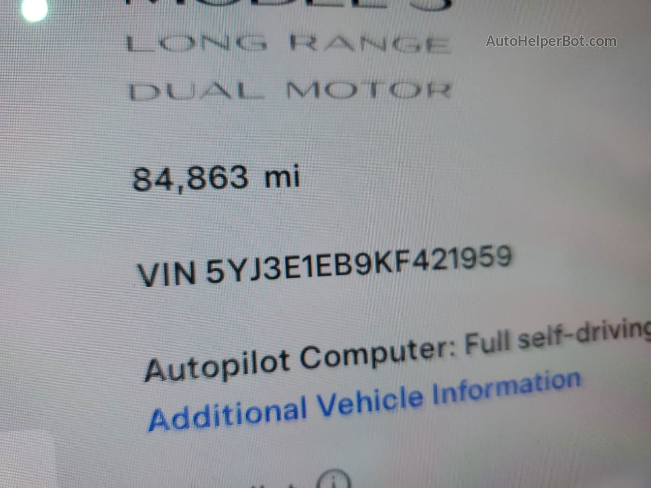 2019 Tesla Model 3  White vin: 5YJ3E1EB9KF421959