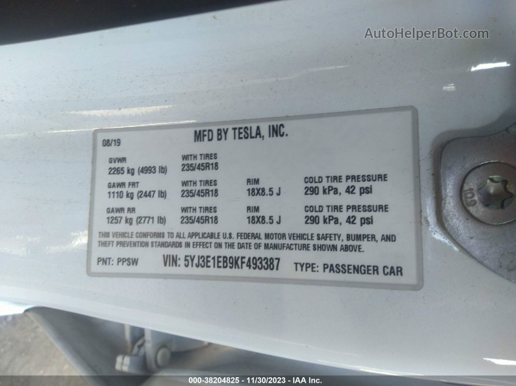 2019 Tesla Model 3 Performance/long Range White vin: 5YJ3E1EB9KF493387