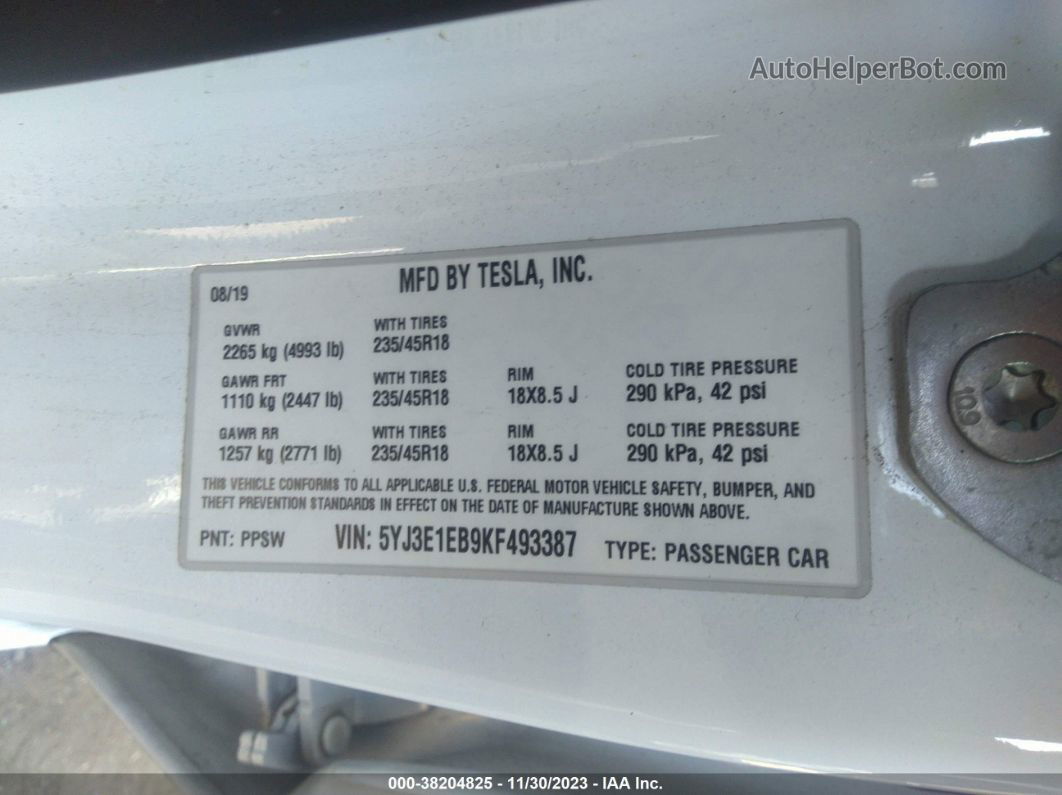 2019 Tesla Model 3 Performance/long Range Белый vin: 5YJ3E1EB9KF493387