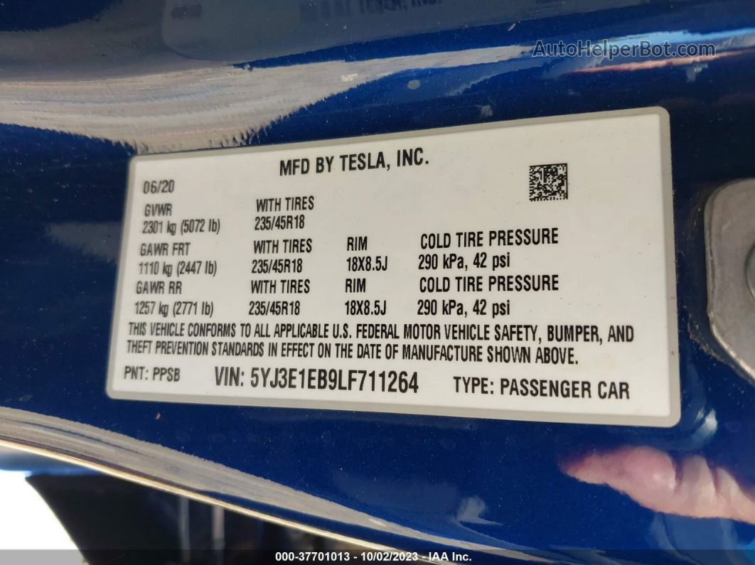 2020 Tesla Model 3 Long Range Синий vin: 5YJ3E1EB9LF711264